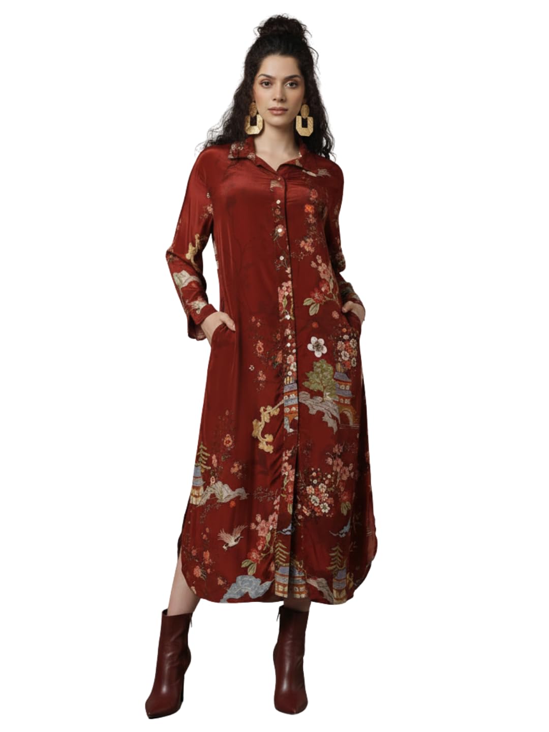 Women's Maroon Floral Printed Shirt Collar Midi Dress | Long Sleeve A-Line Dress with Pockets | Chinoiserie Printed Dress for Office, Casual & Night Out Wear-picture-20