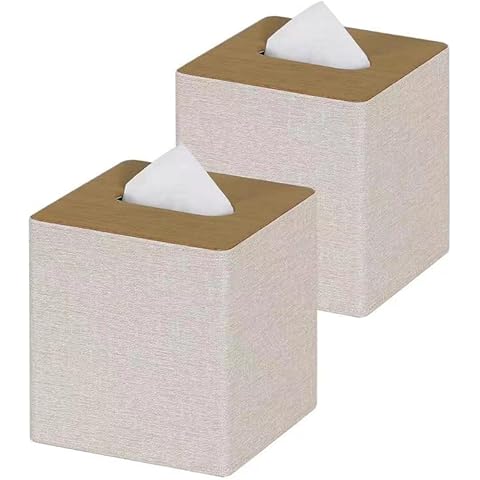 GOLRANLYE Tissue Box Cover Square 2 Pack PU Leather Facial Tissue Box Holder for Dresser Bathroom Decor (Beige) Cover
