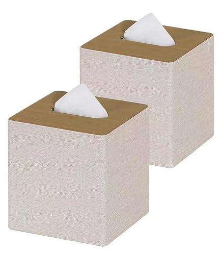 GOLRANLYE Taschentuchbox, quadratisch, 2 Stück, PU-Leder, Gesichtstücherbox, Halter für Kommode, Badezimmer, Dekoration (Beige) Cover