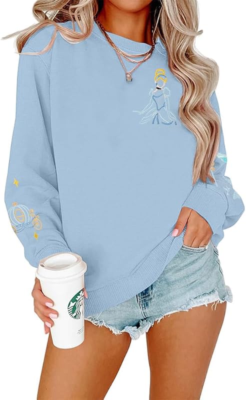 Magic Kingdom Sweatshirt Women Embroidered Princess Sweater Cute Fairy Shirt Family Vacation Castle Graphic Top Blue