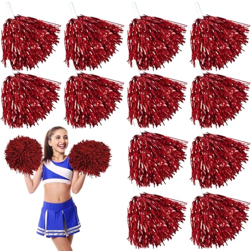 Leikurvo Lot de 12 pompons de pom-pom girl : pompons de sport pour événements sportifs, jeux de ballon, danses et fêtes de carnaval, rouge
