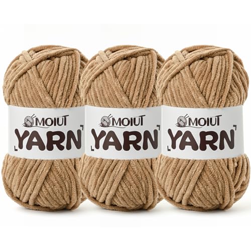 Image of 3 Pack Fluffy Chenille Yarn for Crocheting, Chunky Velvet Yarn for Crochet Amigurumi, Baby Yarn for Crocheting Soft Blanket, 262.4yds /10.5 oz Bulky Yarns for Crafts /Hats /Shoes /Socks (3 Deep Khaki)