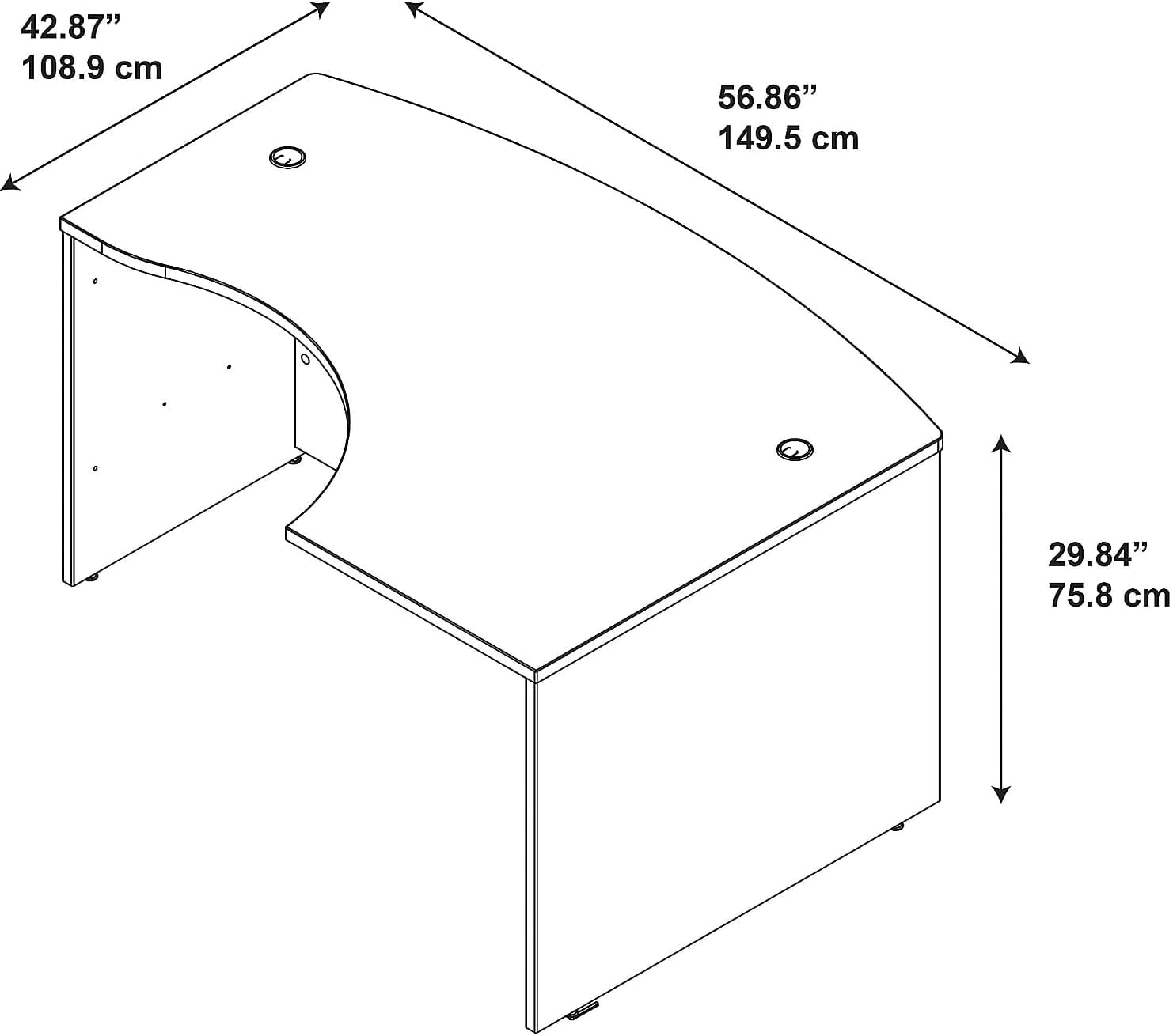 Diagram showing dimensions of the L-Bow Desk Shell