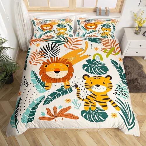 Homewish Housse de Couette 140x200 Enfant Animaux de La Jungle, Parure de Lit 1 Personne Dessin Animé Tigre Lion, Sets de Housses de Couettes Feuilles de...
