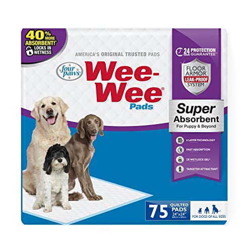Four Paws Wee-Wee Super Absorbent Unscented Pee Pads for Dogs & Puppies with Insta-Rise Border, Leak-Proof Dog Housebreaking Potty Training Floor Protection, 24