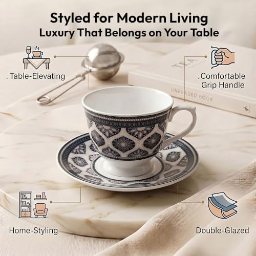 Image of UPC Premium Bone China Cup & Saucer Set (6 Pieces) | Elegant Solid Color Tea Coffee Cups | Lightweight, Durable & Glossy Finish | Ideal for Home, Office & Gifting