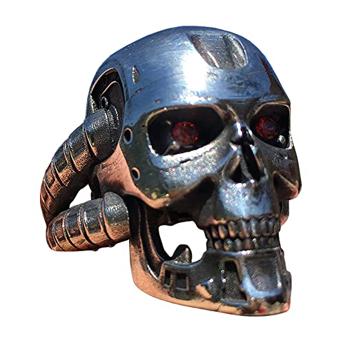 Large Terminator Ruby Eyes Skull Ring for Men 925 Sterling Silver Biker Hip Hop Rock Vintage Soldier Warrior Ring