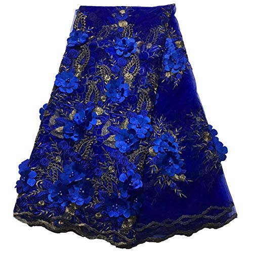 Milylace 5 Yards 3D Floral African Lace Fabric Nigerian Embroidered Mesh Lace Fabric with Beads for Wedding (Royal Blue)
