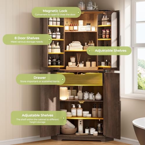 Image of Dripex 71 inch Corner Cabinet Brown, Farmhouse Kitchen Pantry Cabinet with Doors Storage & Adjustable Shelves, Tall Corner Storage Cabinet with LED Light, Food Pantry for Living Room, Dining Room