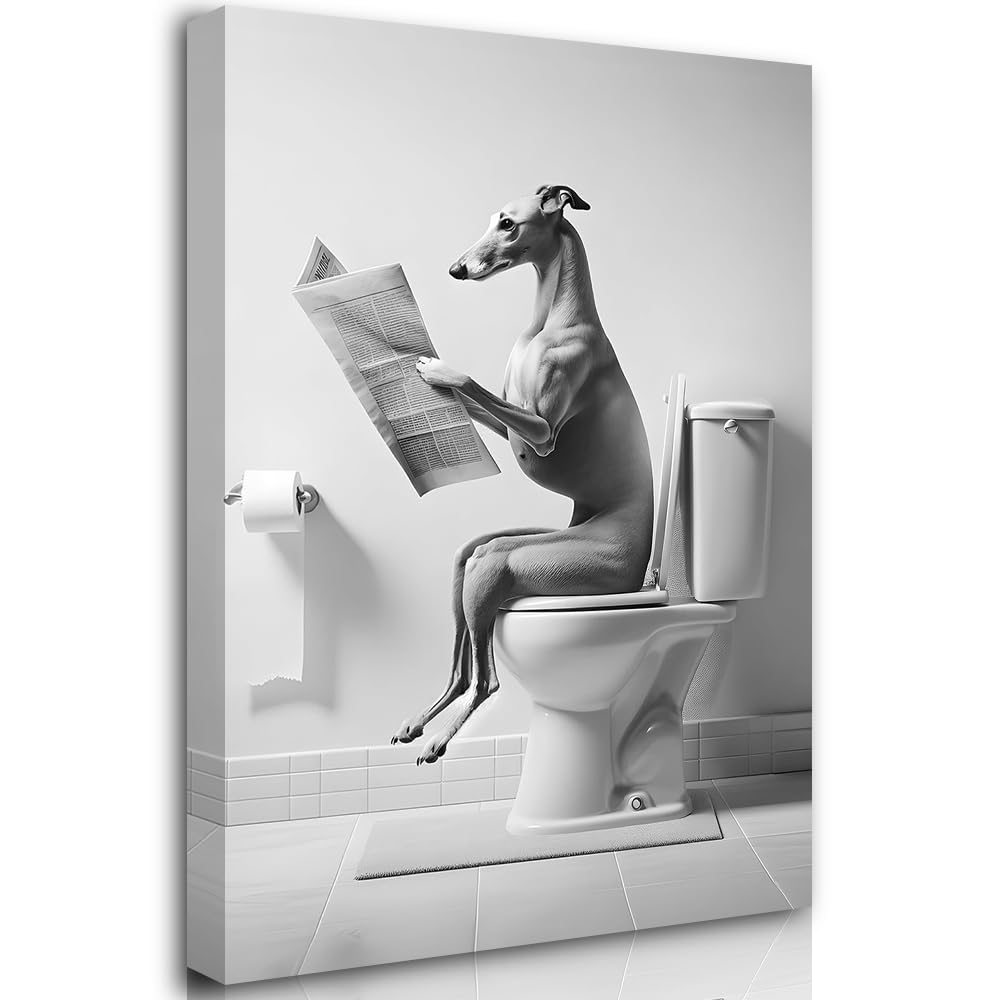 Reateforin Greyhound Wall Art Framed Canvas Prints Funny Bathroom Decor Greyhound Reading Newspaper in Toilet Paintings Animal in Toilet Posters Petshop Art Dog Art Greyhound Bathroom Pictures 28"x40"