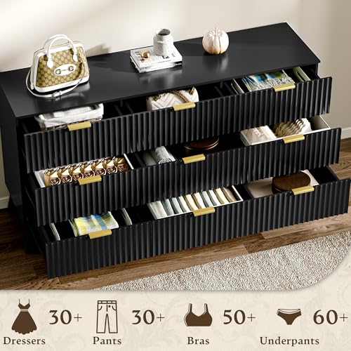 Image of HUANLEGO Fluted Dresser for Bedroom with 9 Drawers, 57 inch Mid Century Modern Dresser of Closet TV Stand, Nature Wood Dressers with Gold Handle, Boho Closet Wide Modern Chest of Drawers, Black