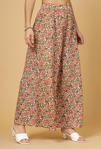 Image of Pistaa's Women's Regular Fit High Rise Pure Cotton Big Flair Printed Regular Palazzo