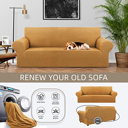 KEKUOU Stretch Sofa Cover Slipcover ,Couch Covers for 3 Cushion Couch Sofa pet Friendly (78"-94") Furniture Protector Sofa with Elastic Bottom for Kids,Dog, Jacquard Small Checked(Large,Golden)