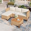 HERA'S HOUSE Small Patio Furniture Set, 3 Pieces Wicker Outdoor Sectional Sets,Yellow Rattan Conversation Set with Sofa and Coffee Table for Garden and Backyard, l Shape Boho Balcony Couch Sets