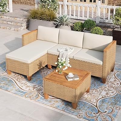 HERA'S HOUSE Small Patio Furniture Set, 3 Pieces Wicker Outdoor Sectional Sets,Yellow Rattan Conversation Set with Sofa and Coffee Table for Garden and Backyard, l Shape Boho Balcony Couch Sets