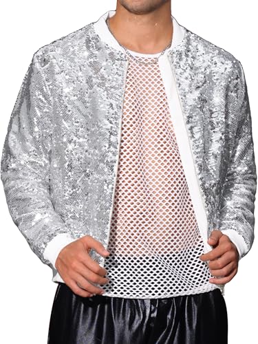 Image of Lars Amadeus Sequin Varsity Jacket for Men's Zipper Party Disco Flip-Sequin Shiny Bomber Jackets