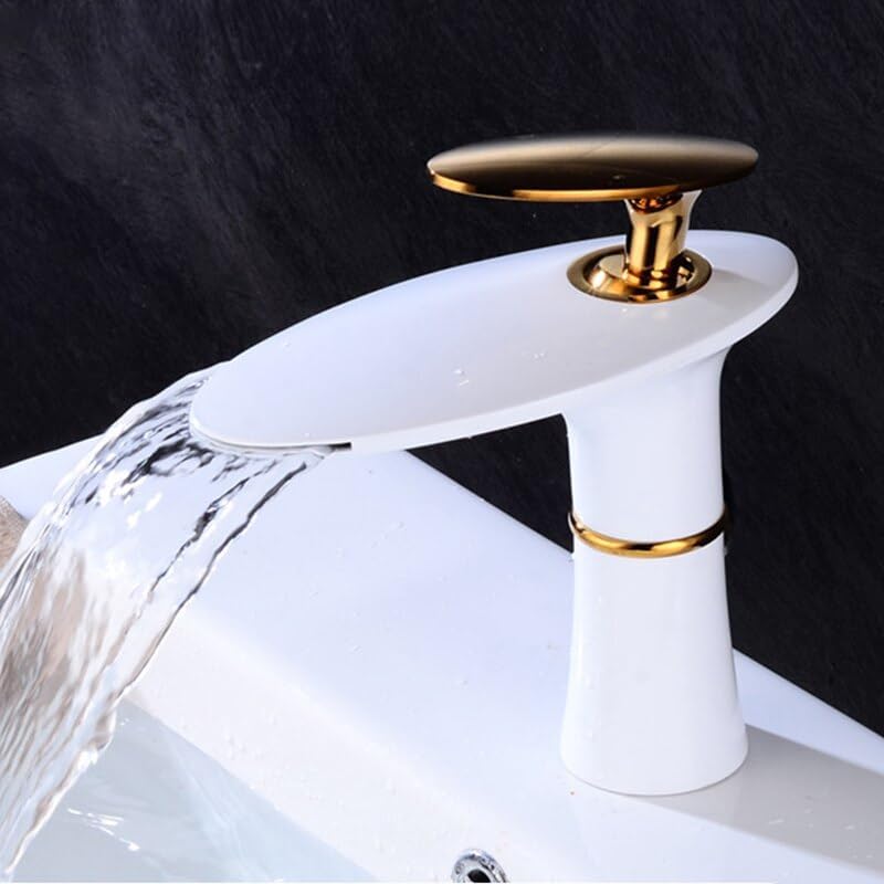 Nordic White Oval Bathroom Basin Faucet Sink Waterfall Taps Brass Deck Mount Single Hole Cold Hot Water Mixer Washing Tub Crane(White Short B)