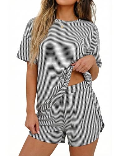 Image of Womens Pajama Sets Shorts 2 Piece Striped Matching Pjs Set Summer Split Soft Comfy Lounge Sleepwear