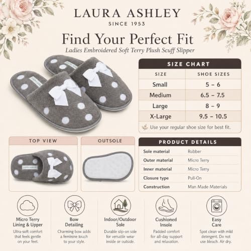 Image of Laura Ashley Ladies Embroidered Soft Terry Plush Scuff Slipper