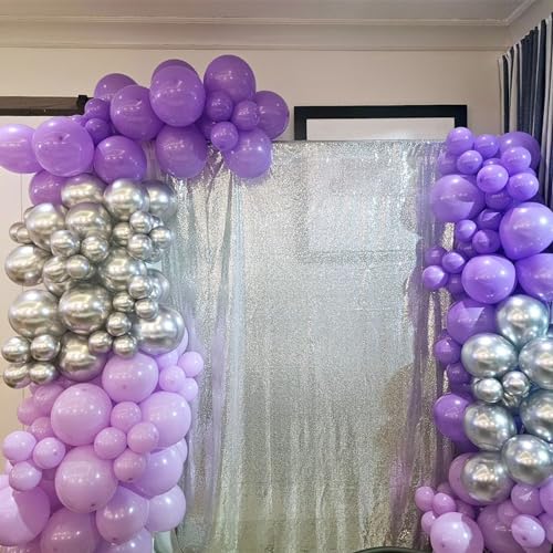 Image of Purple Silver Balloons, 12 Inch Metallic Purple Silver Balloons Light Purple Silver Latex Balloons Lavender Silver Confetti Balloons for Princess Party Girl Birthday Wedding Baby Shower Decorations