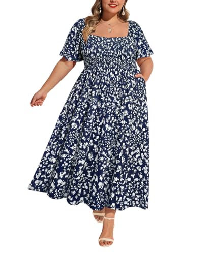 Image of RITERA Plus Size Dresses for Curvy Women Square Neck Short Sleeve Summer Floral Smocked Maxi Dress with Pocket XL-5XL