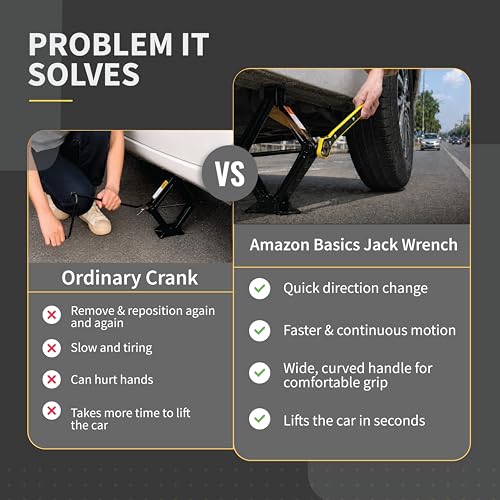 Image of Amazon Basics Labor Saving 13 Inch Car Jack Ratchet Wrench| 360 Forward & Reverse Knob| Conversion Head Included | Curve Handle Car Lift Tool For Scissors Jack | Heat-Treated Steel Ratchet Lug Wrench