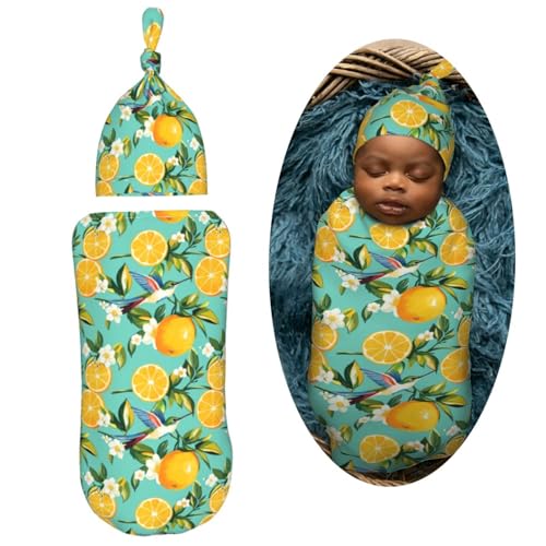 Image of Hummingbirds and Lemon Newborn Swaddle Blankets Hat Sets Soft Baby Receiving Blanket Swaddle Sack for Baby Shower Infant Boy Girl Gift