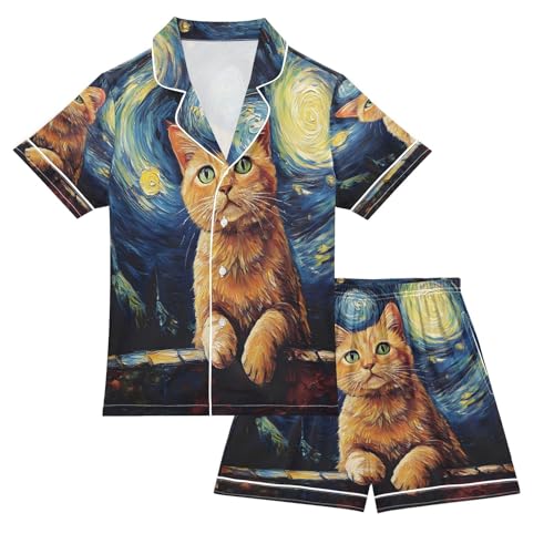 ALAZA Cat Moon Galaxy Oil Painting Van Gogh Satin Pajamas Set Short Sleeve Button Down Sleepwear Summer Pjs 2 Piece