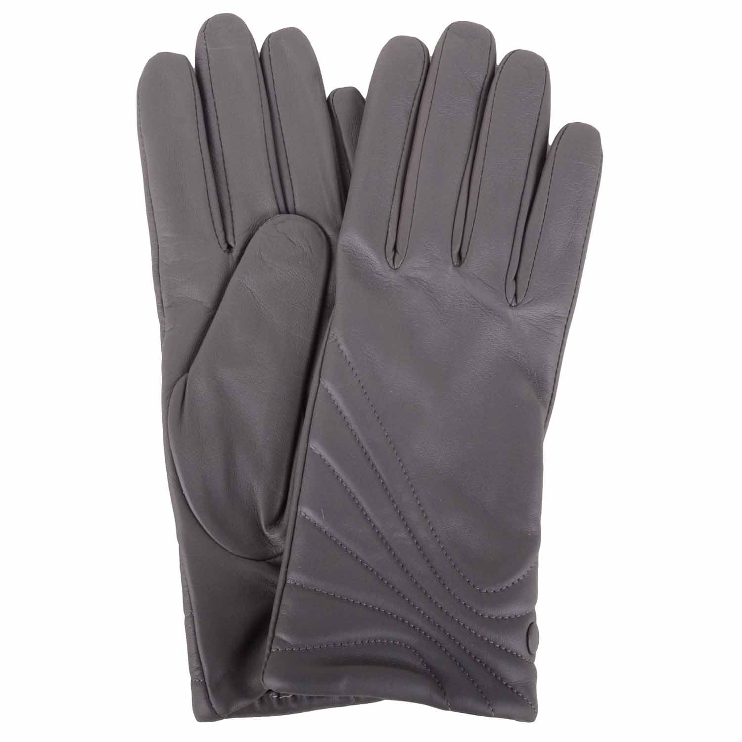 SNUGRUGS Womens Smooth Genuine Leather Glove with Stitch and Button Detail - Grey - Meduim