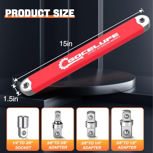 Image of Offset Extension Wrench Impact - Tight Reach Wrench Set with Universal Square Drive Adapters (1 /4 inch, 3 /8 inch, 1 /2 inch) - Ideal for Tight Spaces - Unique Stocking Stuffers for Mechanics (Red)