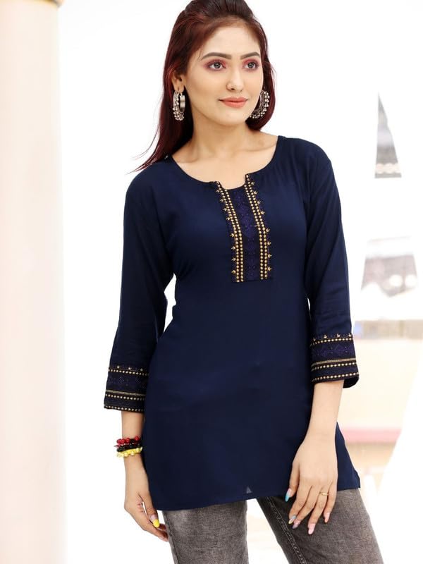 Image of Women's Rayon Short Kurti Top | Casual & Office Wear Tunic with Round Neck and 3 /4 Sleeves | Comfortable Every Occassion Wear | Ideal Ethnic Short Kurti for Womens