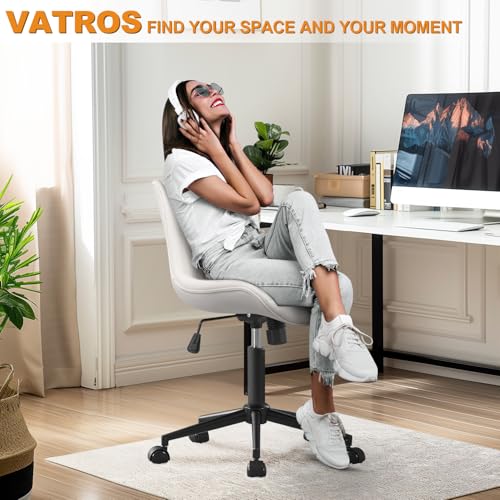 Image of Armless Office Chair, Height Adjustable Desk Chair with Wheels, Ergonomic Comfy 360 Swivel Home Office Computer Task Chair, Faux Leather Padded Cute Vanity Chair, White