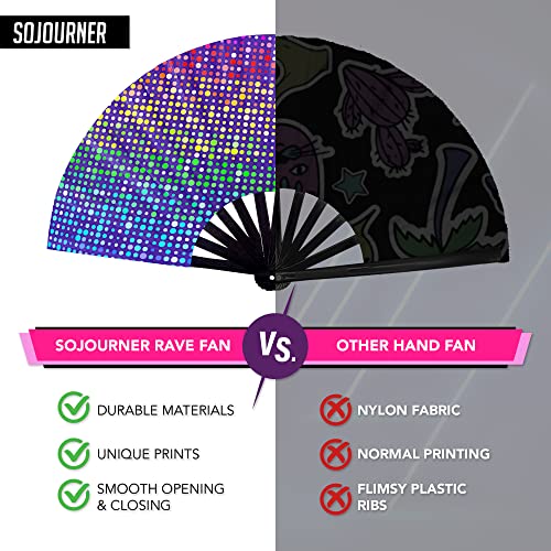 Sojourner Bags Rave Fan - Festival Fan - Large Folding Fan For Raves, Halloween, Burlesque, Drag Queen, Rainbow Outfits For Women & Festival Accessories - Clack Fan Hand Fan (Rainbow Lights) #TOP2