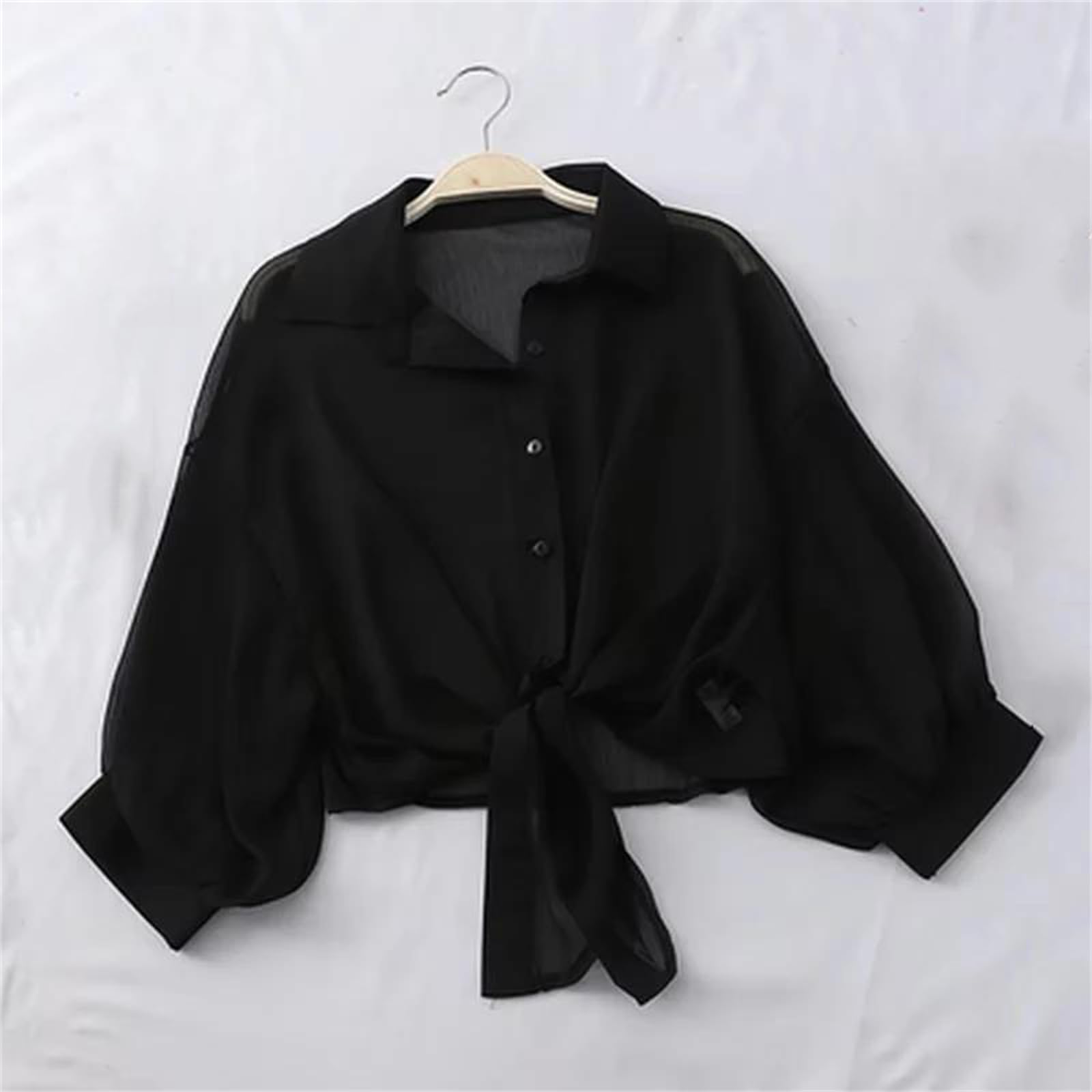 Genérico Blusa Informal Holgada de Gasa con Botones Delanteros para Mujer, Cuello Vuelto, Manga Corta, Detalle Calado y Cintura Anudada (Talla Mediana)