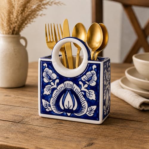 Image of Ceramic Utensil Holder, White Kitchen Organiser, Cutlery Set Holder (Blue Royal)