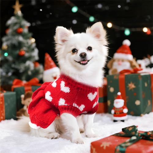 Lystaii Dog Sweater Dress Knitted Heart Sweaters Valentines Day Dog Clothes Warm Pet Christmas Outfit for Cold Weather (Red, X-Small) - Image 5