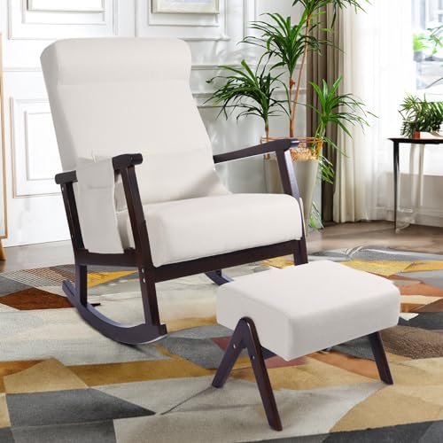 Image of NOBLEMOOD Rocking Chair with Ottoman, Upholstered Rocking Glider Chair with Foot Rest, Pillow & Side Pocket, Big and Tall Rocker with Rubber-Wood Armrests for Living Room, Bedroom & Apartment