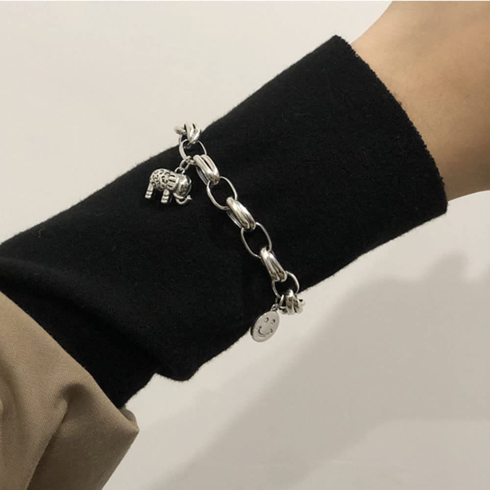 Bracciale A Maglie Grosse in Argento Sterling 925 personalità Bracciale con Faccina Elefante retrò Gioielli di Tendenza alla Moda per Gli Amanti dei Gioielli in Argento
