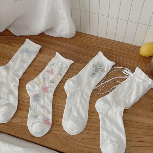Image of 5 Pairs White Cute Socks, Women's Lace Ruffles Ankle Casual Sock, Cottagecore Breathable Socks, Floral Crew Socks
