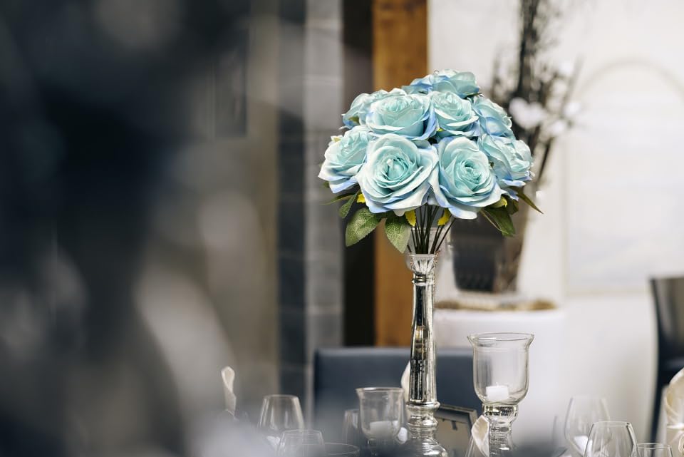 10 Heads Artificial Rose Flowers Fake Roses Silk Realistic Bouquet for DIY Wedding Bridal Shower Party Table Centerpieces Home Decorations Blue - Image 3