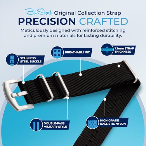 Image of BluShark - Original Collection Military-Style Waterproof Watch Strap, Fits All Timepiece Brands, Durable Nylon Wristwatch Accessories with Stainless Steel Buckle - 18mm, 20mm, 22mm & 24mm Watch Bands