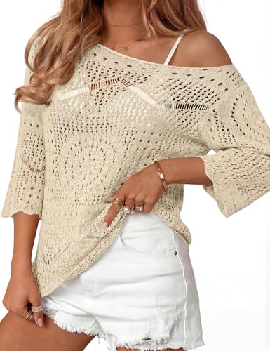 Image of Rapbin Womens Crochet Hollow Out Knit Tops 3 /4 Sleeve Spring Summer Sweaters Beach Cover Ups for Women Trendy 2026