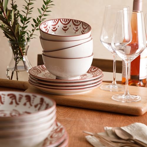 Image of Bloomhouse - 2-Time Oprah's Favorite Things - Valencia Flor 16 Piece Dinnerware Set, Artisanal Decorated Stoneware Plates & Bowls, Service for 4, Microwave & Dishwasher Safe, Pomegranate Red