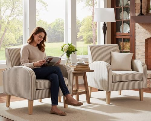 Image of Farmhouse Striped Accent Chairs for Living Room Set of 2, Linen Fabric Modern Comfy Armchairs with Cushion, Upholstered Striped Reading Chairs for Bedroom Couch Chair with Wood Legs, Khaki