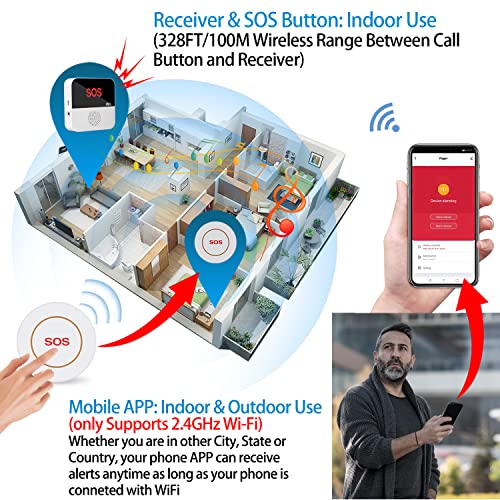 Caregiver Pager Wireless Wifi, Kinglead Upgraded Smart App Control Nurse Emergency Life Alert System 1 Receiver 1 Sos Call Button For Elderly Patient Senior Kid Disabled Fall Alert (2.4Ghz Wi-Fi Only) #TOP2