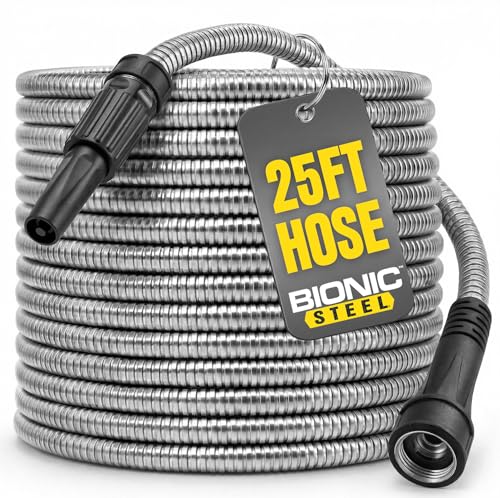 Bionic Steel 25 Ft Metal Garden Hose with Nozzle, 25Ft x 5/8 In. Premium 304 Stainless Steel Metal...