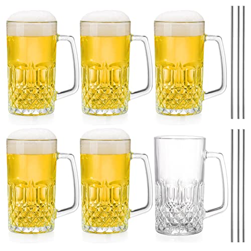 Frcctre 6 Stück 473 ml Glas-Bierkrug große Biergläser mit Griff und Edelstahl-Trinkhalmen, bleifreie Kristall-Trinkgläser Wasserbecher für Bier, Saft, Getränke, Bar