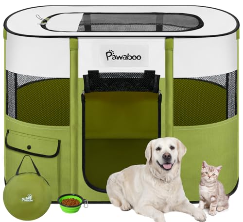 Pawaboo Gabbie per Animali Pieghevole, Recinto per Animali Domestici in Telo Oxford Impermeabile con Rete, Tenda da Gioco per Gatti Cani Cuccioli Portatile per Interno o Esterno, Verde Avocado L