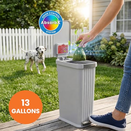 Image of iTouchless 13.2 Gallon / 50 Liter Dog Poop Trash Can with Lid & AbsorbX Odor Filter, Indoor & Outdoor Rust-Proof Pet Waste Bin, Soft-Close Step Pedal, Large Capacity Recycle Bin, Matte Soft Gray