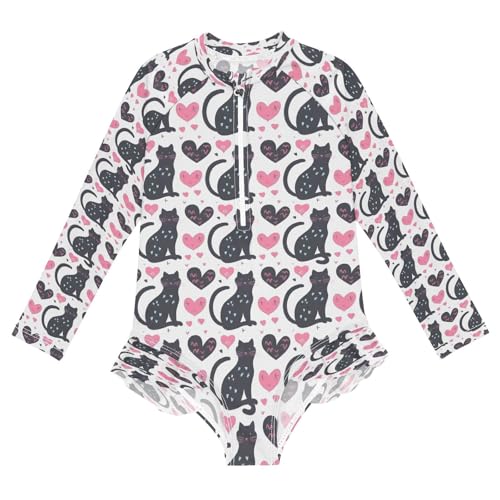 Black Cat with Love Girls Long Sleeve Swimsuits One Piece Zipper Bathing Suit UPF 50+ Rashguard Swimwear